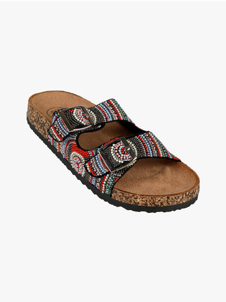 Women's slippers with colored beads and buckles