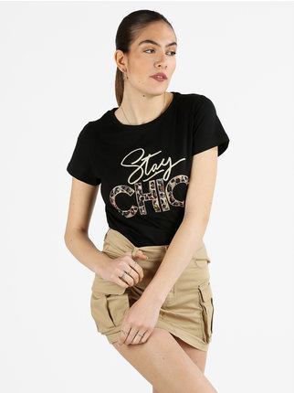 Women's T-shirt decorated with stones and rhinestones