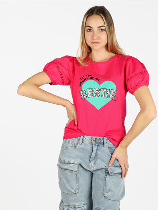 Women's T-shirt with heart print and colored stones