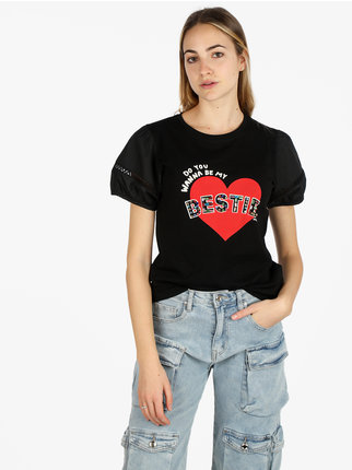 Women's T-shirt with heart print and colored stones