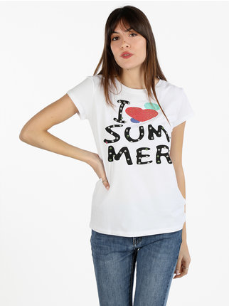 Women's T-shirt with print and rhinestones