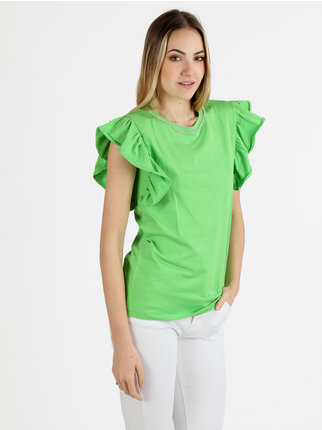Women's T-shirt with rhinestone applications and ruffled sleeves