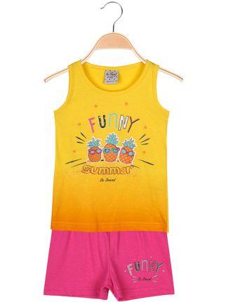 Yellow crewneck tank top with drawings + fuchsia shorts 2-piece cotton suit